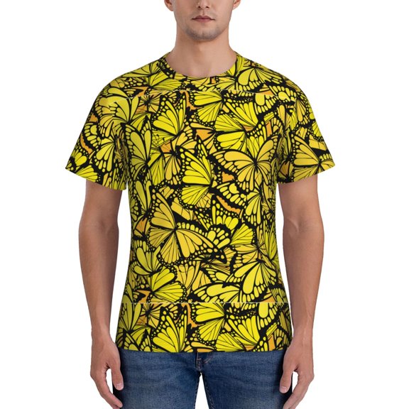 Vsdgher Yellow Butterflies Print Men's Dry Fit Mesh Athletic Shirts Moisture Wicking Tennis T-Shirt Tops