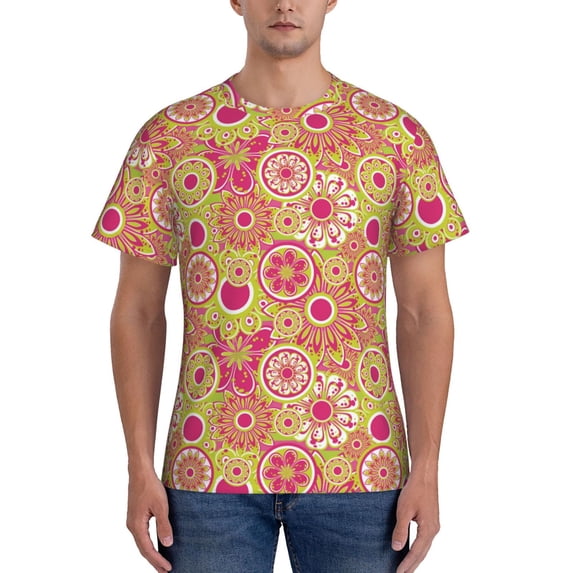Vsdgher Yellow Flowers Print Men's Dry Fit Mesh Athletic Shirts Moisture Wicking Tennis T-Shirt Tops