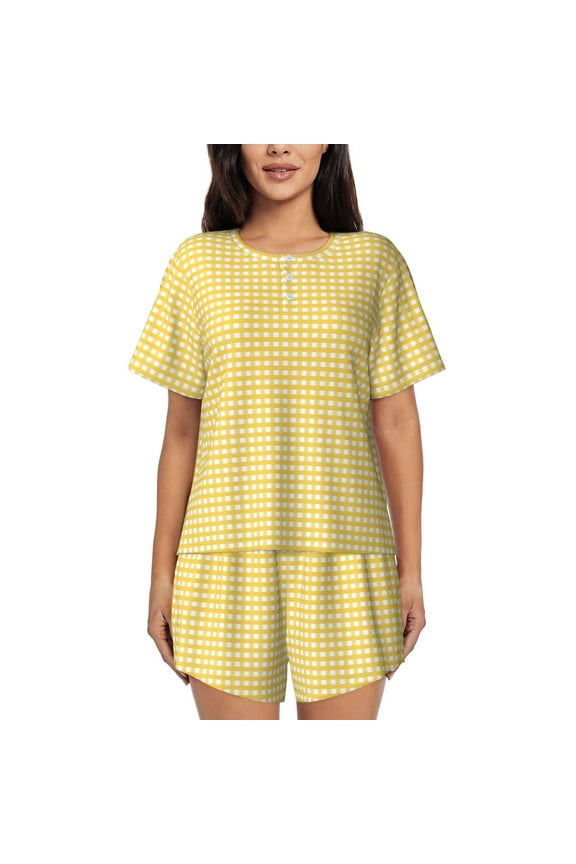 Yellow Gingham Pattern Womens Pajamas 2 Piece Short Sleeve Sleepwear Set,Summer Soft Pajamas Set Casual Lounge Sets, 2-Piece Pj -Large