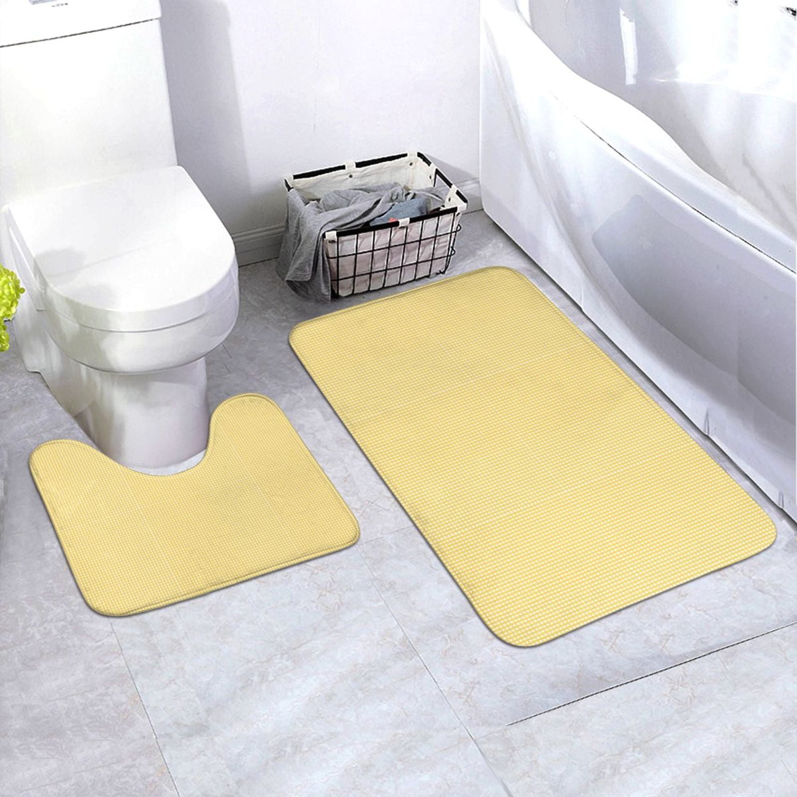 Vsdgher Yellow Gingham Print Toilet Seat Cushion Bathroom Carpet Anti