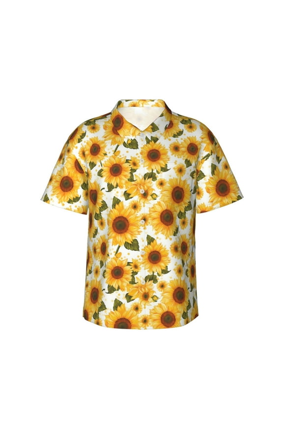 Yellow Polka Dot Sunflower Print Men's Hawaiian Shirts Button Down Tropical Holiday Beach Shirts Vacation Clothes,X-Large