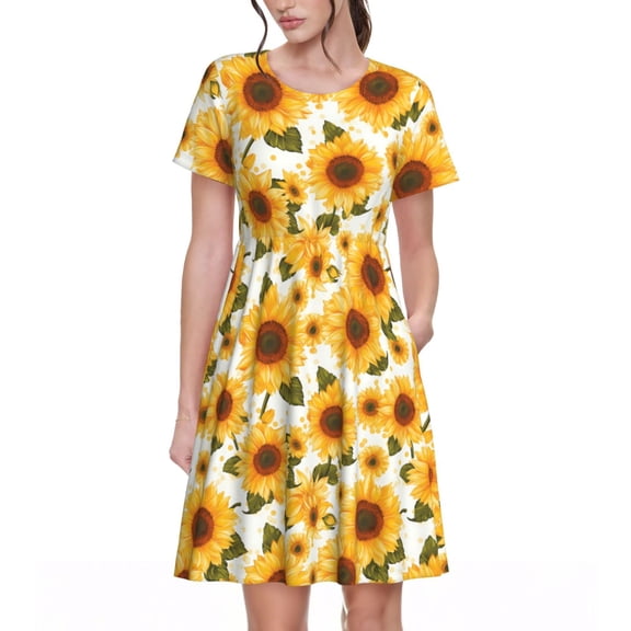 Vsdgher Yellow Polka Dot Sunflower for Womens Summer 2025 Casual Midi Maxi Dresses Lightweight Short Sleeve Round Neck Beach Dress -X-Large