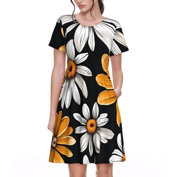 Vsdgher Yellow White Daisy Pattern for Womens Summer 2025 Casual Midi Maxi Dresses Lightweight Short Sleeve Round Neck Beach Dress -3X-Large