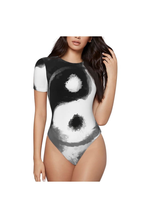 Yin And Yang Prinr Short Sleeve Body suit for Womens, Sexy Onesie One Piece Round Neck Bodysuit Shapewear Tummy Control-Medium