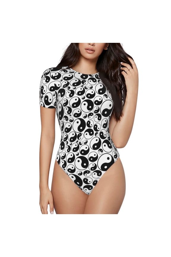 Yin And Yang Prinr Short Sleeve Body suit for Womens, Sexy Onesie One Piece Round Neck Bodysuit Shapewear Tummy Control-Medium