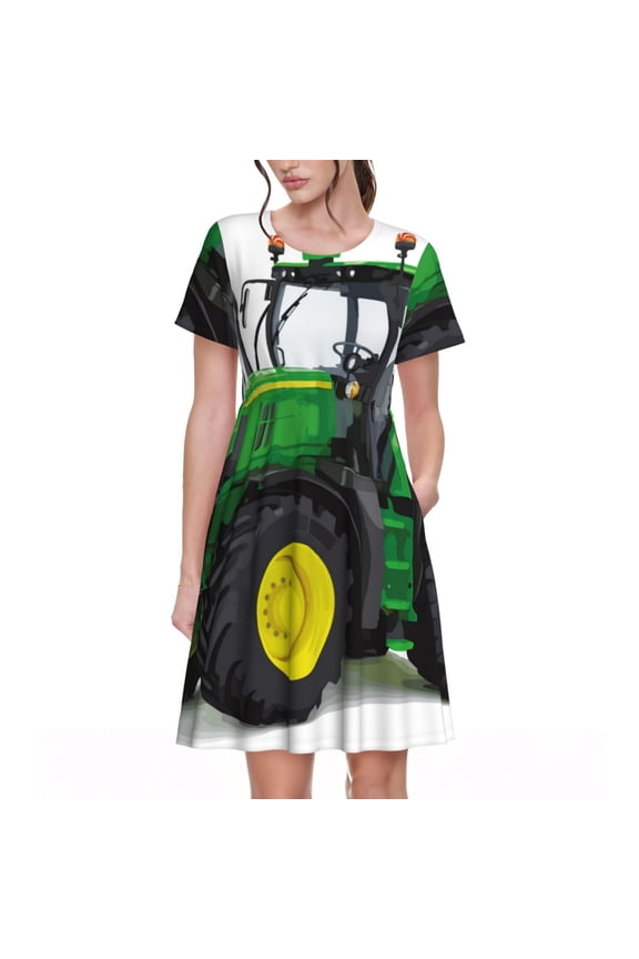 big farm tractor for Womens Summer 2025 Casual Midi Maxi Dresses Lightweight Short Sleeve Round Neck Beach Dress -Medium