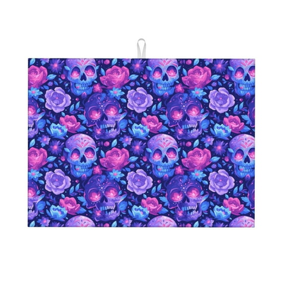 Vsdgher blue Skull purple flower1 Dish Drying Mat Super Absorbent Drying Mat Large Dish Drying Mats for Kitchen Counter Kitchen Drying Mat 24" x 18"