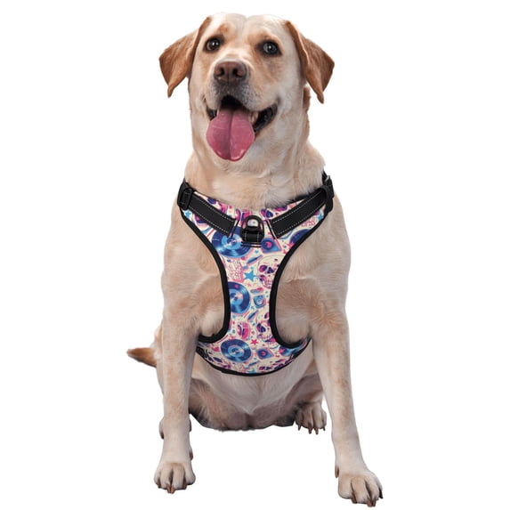 Vsdgher blue record rock Skull Pattern Dog Harness,No Pull Pet Harness with Soft Padded Handle,Adjustable Reflective Vest with 2 Buckles,4 Slide Buckles,S-XL Medium