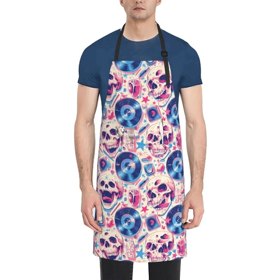 Vsdgher blue record rock Skull Waterproof Apron with 2 Pockets Kitchen Chef Aprons Bibs for Grooming Cooking Baking Painting Gardening