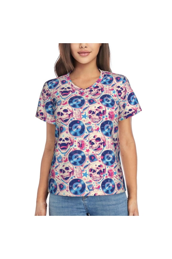 blue record rock Skull Women Shirts V Neck Short Sleeve Tops T-Shirt Basic Tees, S to 3XLSmall