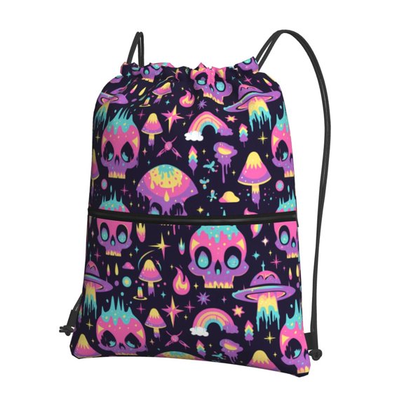 Vsdgher cartoon Skull rainbow space Drawstring Backpack Water Resistant String Bag Sports Sackpack Gym Sack for Men Women