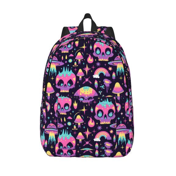Vsdgher cartoon Skull rainbow space Print Canvas Backpack Travel Rucksack Unisex Knapsack 15.7/17.7Inch Laptop Backpack for Work,College -Small