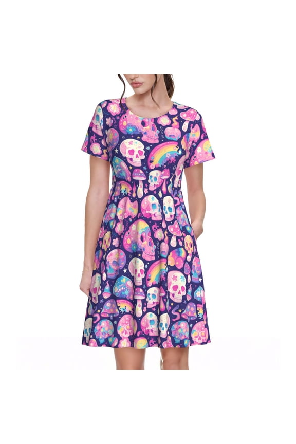 cartoon rainbow Skull for Womens Summer 2025 Casual Midi Maxi Dresses Lightweight Short Sleeve Round Neck Beach Dress -Medium