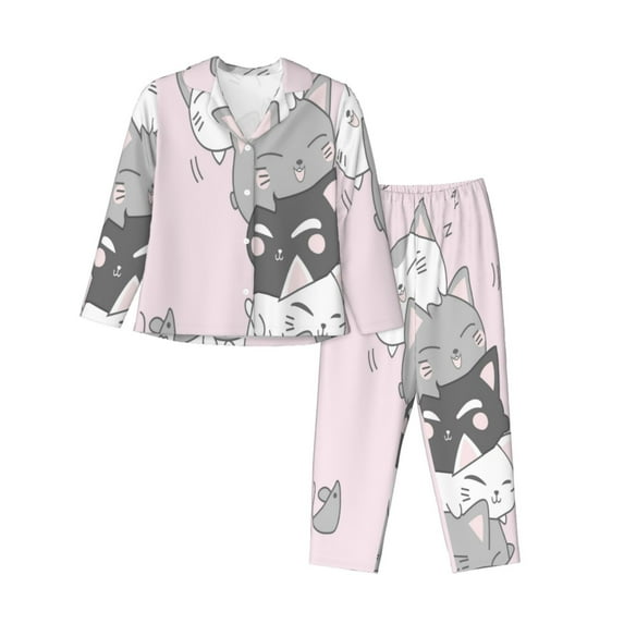 Vsdgher cat Pajamas Set Long Sleeve Sleepwear Womens Button Down Nightwear Pj Sets-Medium