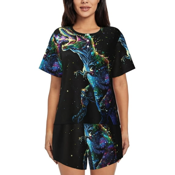 Vsdgher colorful flames dinosaur Pattern Womens Pajamas 2 Piece Short Sleeve Sleepwear Set,Summer Soft Pajamas Set Casual Lounge Sets, 2-Piece Pj -X-Large