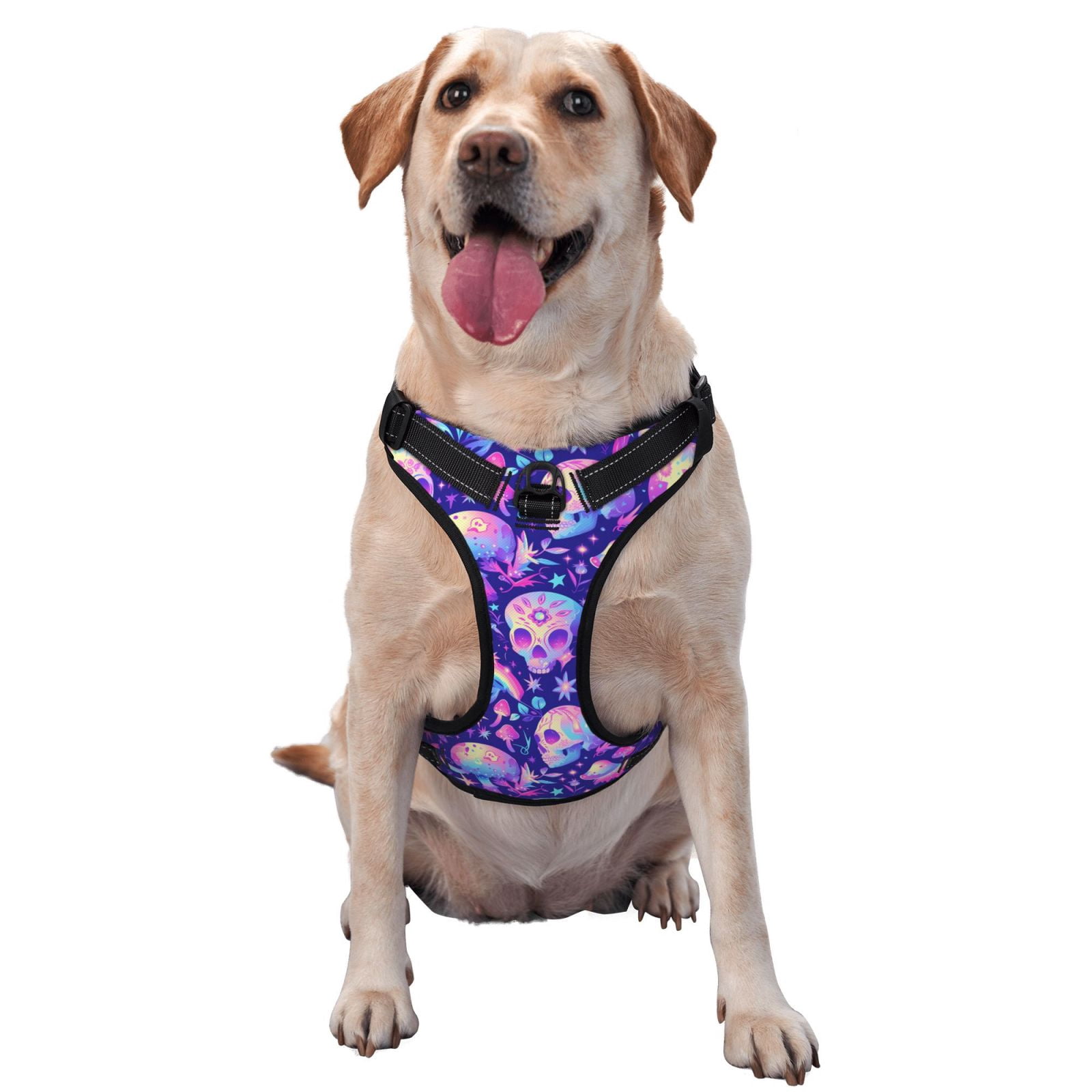 Vsdgher colorful mushroom Skull rainbow Pattern Dog Harness,No Pull Pet Harness with Soft Padded Handle,Adjustable Reflective Vest with 2 Buckles,4 Slide Buckles,S-XL Small