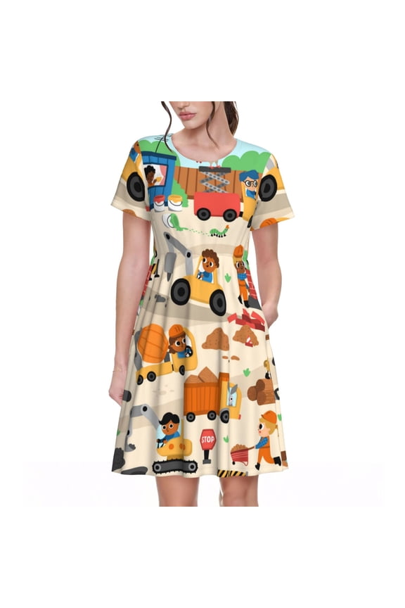 construction road work landscape for Womens Summer 2025 Casual Midi Maxi Dresses Lightweight Short Sleeve Round Neck Beach Dress -3X-Large