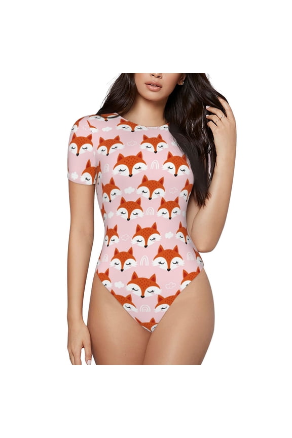 cute fox pink Prinr Short Sleeve Body suit for Womens, Sexy Onesie One Piece Round Neck Bodysuit Shapewear Tummy Control-X-Large