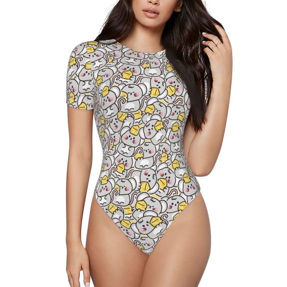 Vsdgher cute rat with cheese Prinr Short Sleeve Body suit for Womens, Sexy Onesie One Piece Round Neck Bodysuit Shapewear Tummy Control-Medium