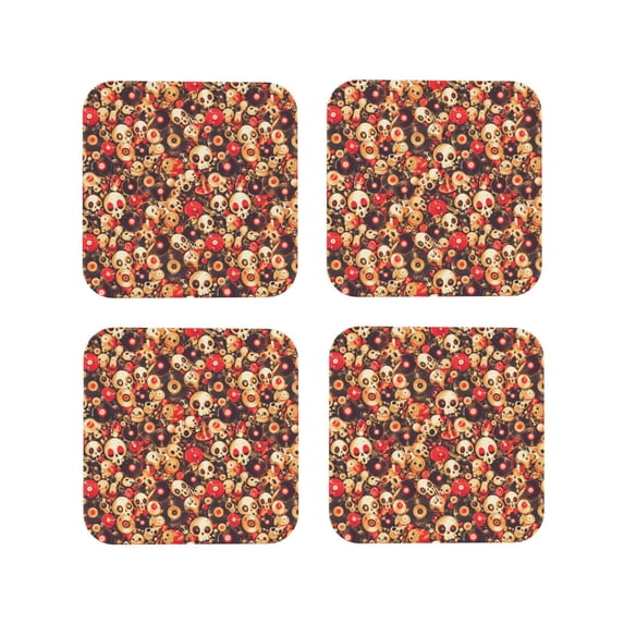 Vsdgher cute record music Skull Leather Coasters for Drinks, Durable Drink Coasters 4 Set for Tabletop Protection, Luxurious Home Décor and Housewarming Gift ( {designName})Square