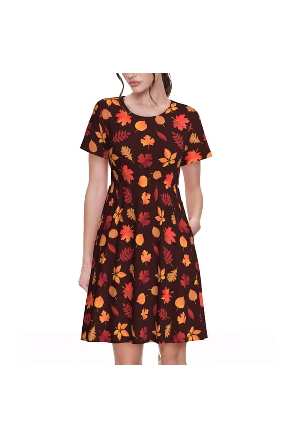 fall Maple leaf for Womens Summer 2025 Casual Midi Maxi Dresses Lightweight Short Sleeve Round Neck Beach Dress -3X-Large