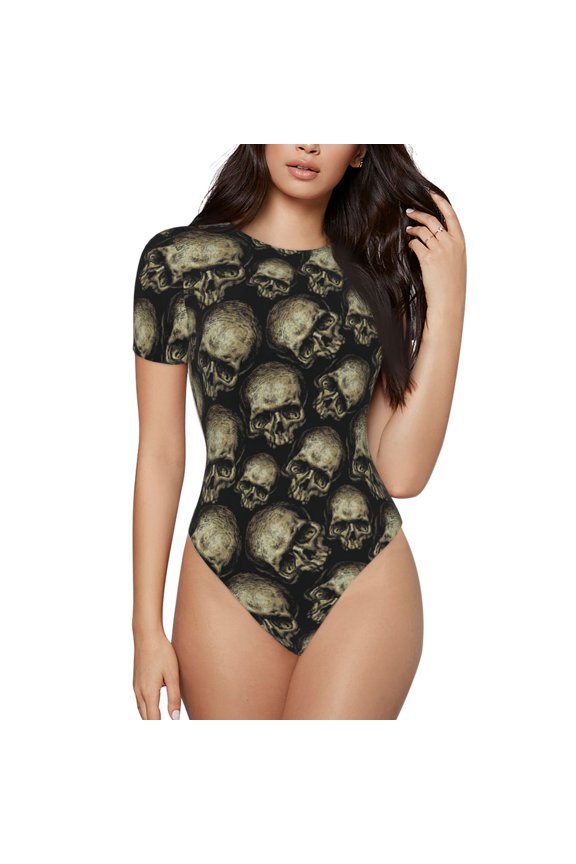 funny Retro Skull Prinr Short Sleeve Body suit for Womens, Sexy Onesie One Piece Round Neck Bodysuit Shapewear Tummy Control-Large