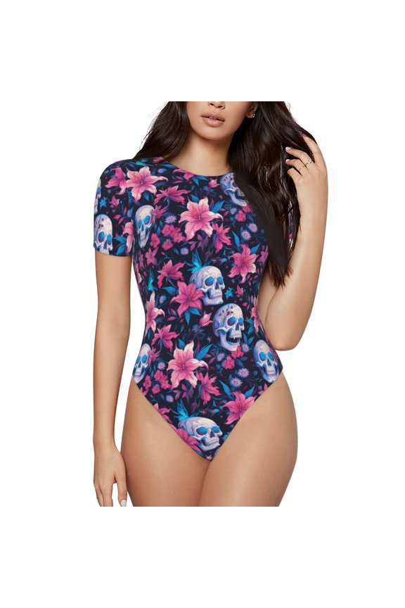 funny Skull daisy flower Prinr Short Sleeve Body suit for Womens, Sexy Onesie One Piece Round Neck Bodysuit Shapewear Tummy Control-X-Large