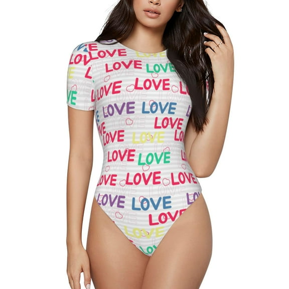 Vsdgher gray stripes and hearts Prinr Short Sleeve Body suit for Womens, Sexy Onesie One Piece Round Neck Bodysuit Shapewear Tummy Control-X-Large