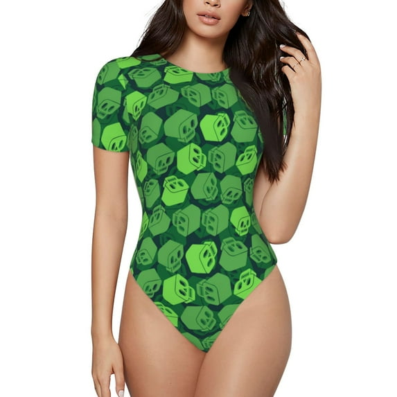 Vsdgher green Skull Prinr Short Sleeve Body suit for Womens, Sexy Onesie One Piece Round Neck Bodysuit Shapewear Tummy Control-XX-Large