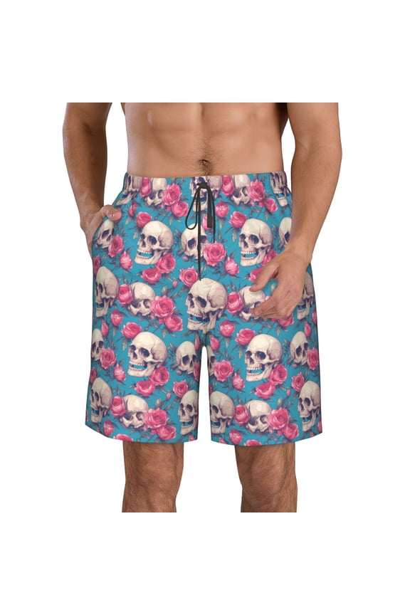 happy Skull rose Men's Beach Shorts, Surfing shorts, Swim trunks, Quick Dry Swim Trunks for Surfing Beach Fun -Medium