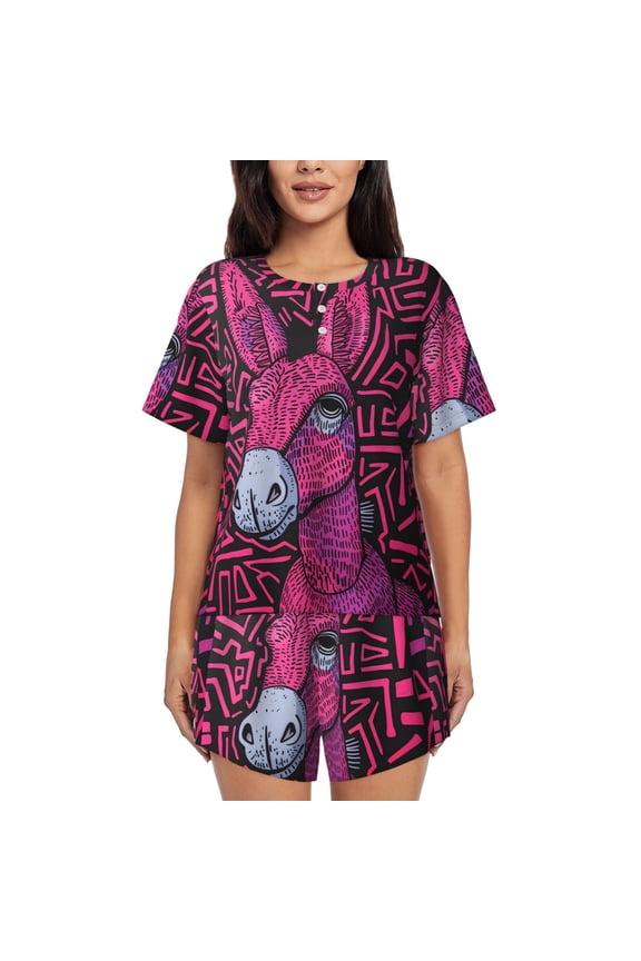 ink Donkey Pop Art Pattern Womens Pajamas 2 Piece Short Sleeve Sleepwear Set,Summer Soft Pajamas Set Casual Lounge Sets, 2-Piece Pj -Small