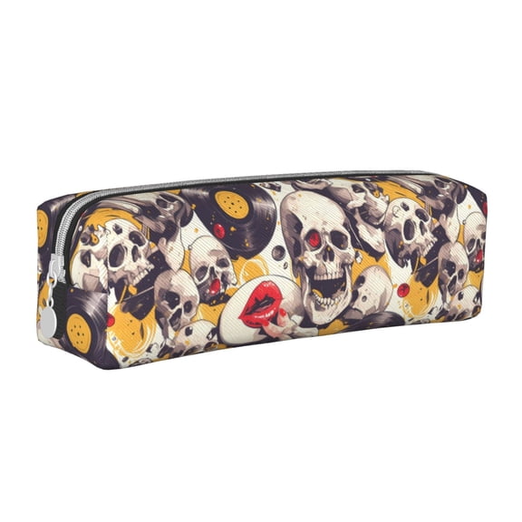 Vsdgher lips record rock Skull Leather Pencil Case, Makeup Pouch, Zipper Pouch for Daily Essentials, Storage Organizer, Cosmetics and Stationary Bag