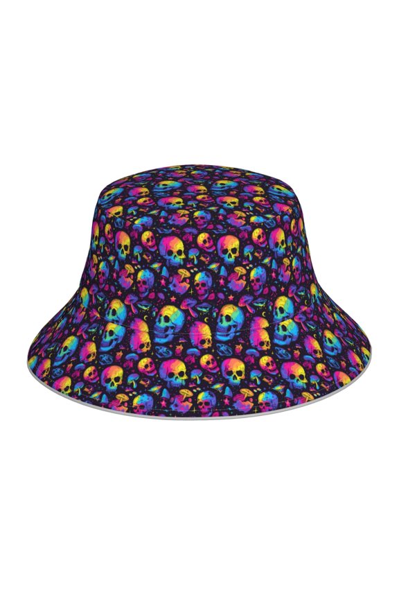 mushroom rainbow color Skull Print Bucket Hat for Men&Women Bucket Hat Reversible Summer Double-Side-Wear Travel Gardening, Beach, Camping, Hiking, Fishing Cap