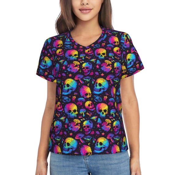 Vsdgher mushroom rainbow color Skull Women Shirts V Neck Short Sleeve Tops T-Shirt Basic Tees, S to 3XL3X-Large
