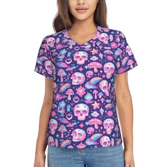 Vsdgher mushroom rainbow color Skull Women Shirts V Neck Short Sleeve Tops T-Shirt Basic Tees, S to 3XLSmall