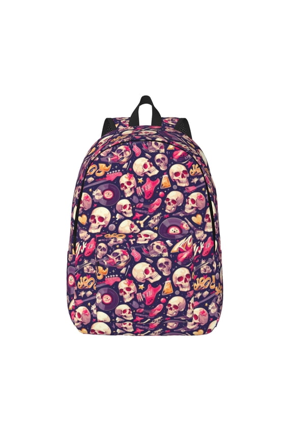music Skull record Guitar Print Canvas Backpack Travel Rucksack Unisex Knapsack 15.7/17.7Inch Laptop Backpack for Work,College -Medium
