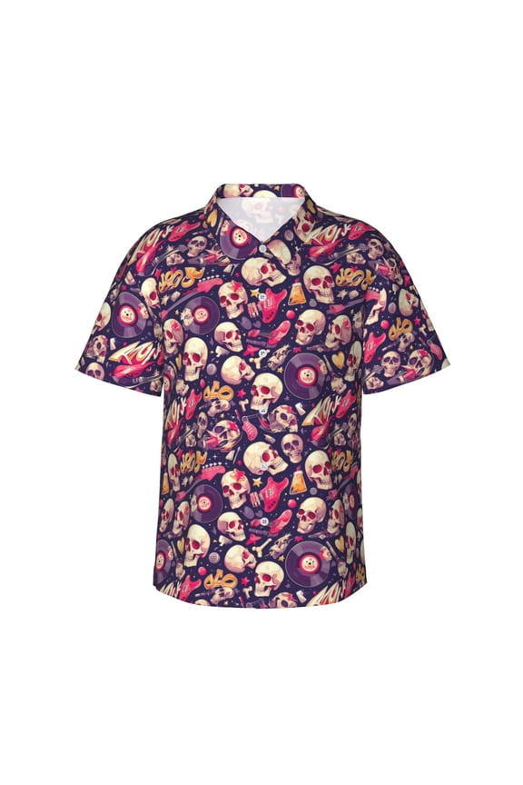 music Skull record Guitar Print Men's Hawaiian Shirts Button Down Tropical Holiday Beach Shirts Vacation Clothes,Medium