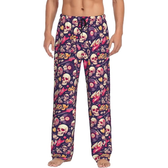 Vsdgher music Skull record Guitar Print Mens Pajama Pants Sleep & Lounge Pants, PJ Bottoms With elastic waistb and Pockets