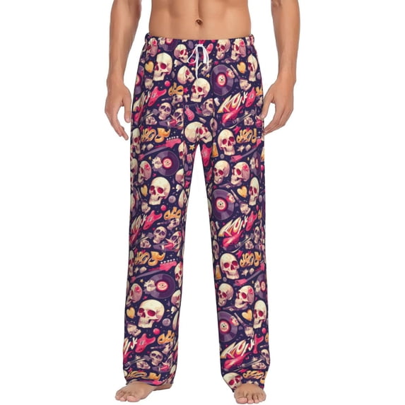 Vsdgher music Skull record Guitar Print Mens Pajama Pants Sleep & Lounge Pants, PJ Bottoms With elastic waistb and Pockets