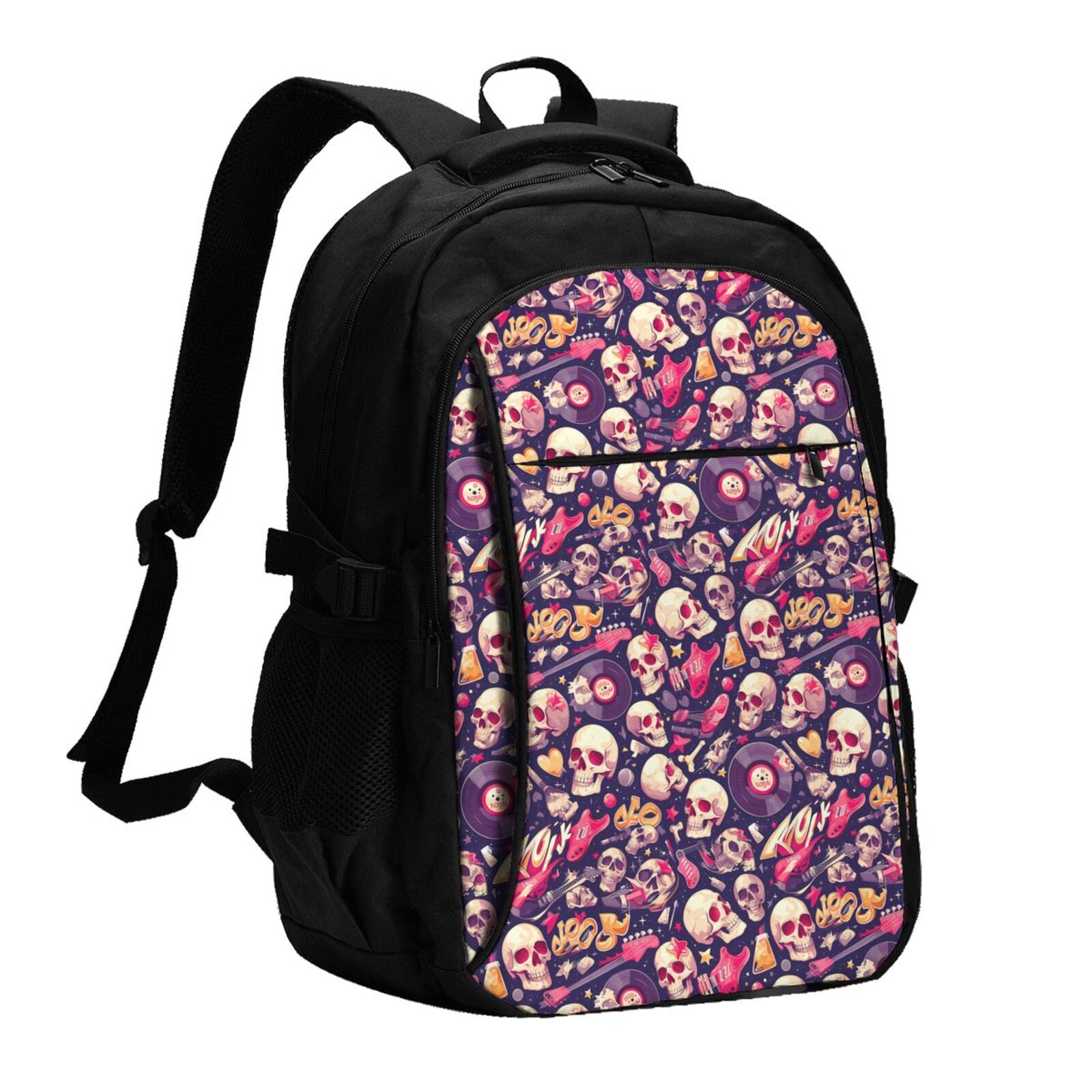 Vsdgher music Skull record Guitar Print Travel Laptop Backpack, Laptops Backpack with USB Charging Port, Water Resistant Computer Bag Gift for Men & Women