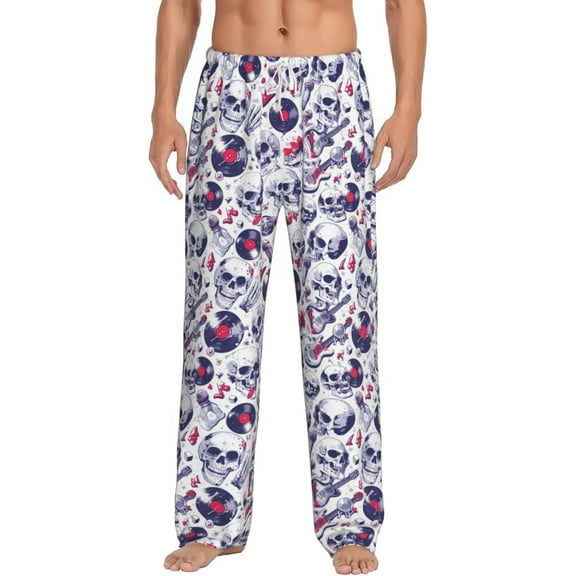 Vsdgher music Skull record mike Print Mens Pajama Pants Sleep & Lounge Pants, PJ Bottoms With elastic waistb and Pockets