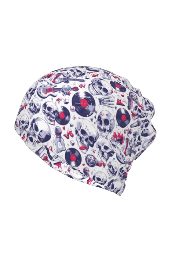 music Skull record mike Slouchy Beanie Hat for Men/Women, Skull Cap Chemo Cap Night Sleeping Cap