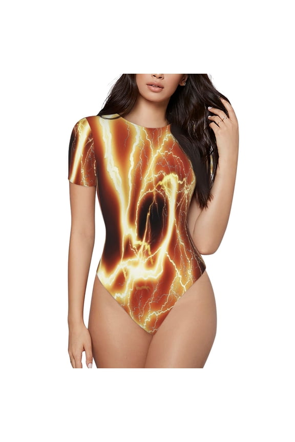 orange lightning Prinr Short Sleeve Body suit for Womens, Sexy Onesie One Piece Round Neck Bodysuit Shapewear Tummy Control-Small