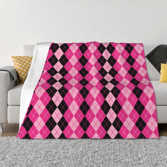 Vsdgher pink and black argyle Pattern Fleece Throw Blanket, Horizontal Fleece Bedding Home Decor for Couch & Bed All Season Use -80"x60"