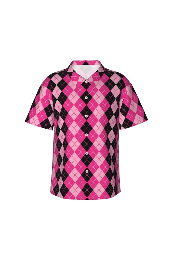 pink and black argyle Print Men's Hawaiian Shirts Button Down Tropical Holiday Beach Shirts Vacation Clothes,Medium