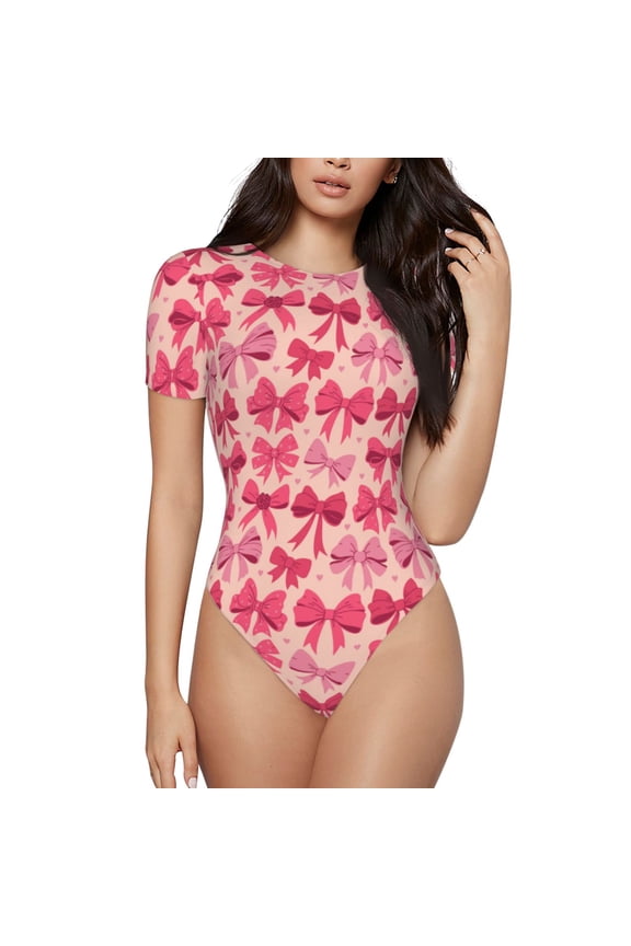 pink ribbon bows Prinr Short Sleeve Body suit for Womens, Sexy Onesie One Piece Round Neck Bodysuit Shapewear Tummy Control-X-Large