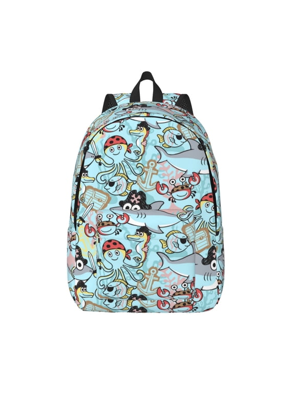 pirate with funny animals Print Canvas Backpack Travel Rucksack Unisex Knapsack 15.7/17.7Inch Laptop Backpack for Work,College -Small