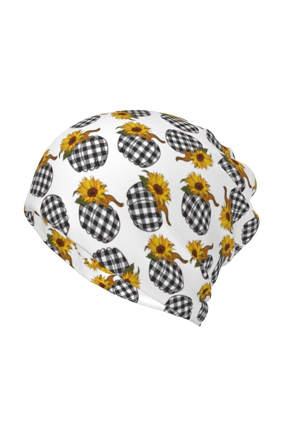 plaid Pumpkin Daisy Slouchy Beanie Hat for Men/Women, Skull Cap Chemo Cap Night Sleeping Cap