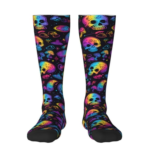 Vsdgher rainbow color Skull mushroom Print Thigh High Socks Extra Long Stretchy Sock Women Over Knee High Opaque Stocking Daily Wear