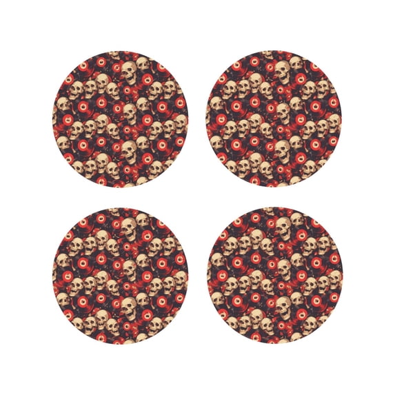 Vsdgher record Skull rock Leather Coasters for Drinks, Durable Drink Coasters 4 Set for Tabletop Protection, Luxurious Home Décor and Housewarming Gift ( {designName})Round Shape